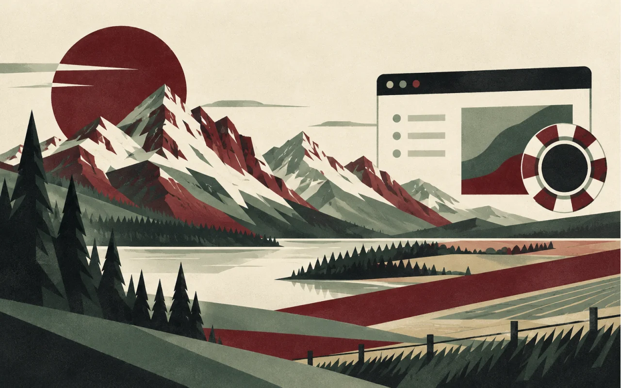 Illustration géométrique des Rocheuses albertaines à côté d’une fenêtre de jeu en ligne et d’un jeton.